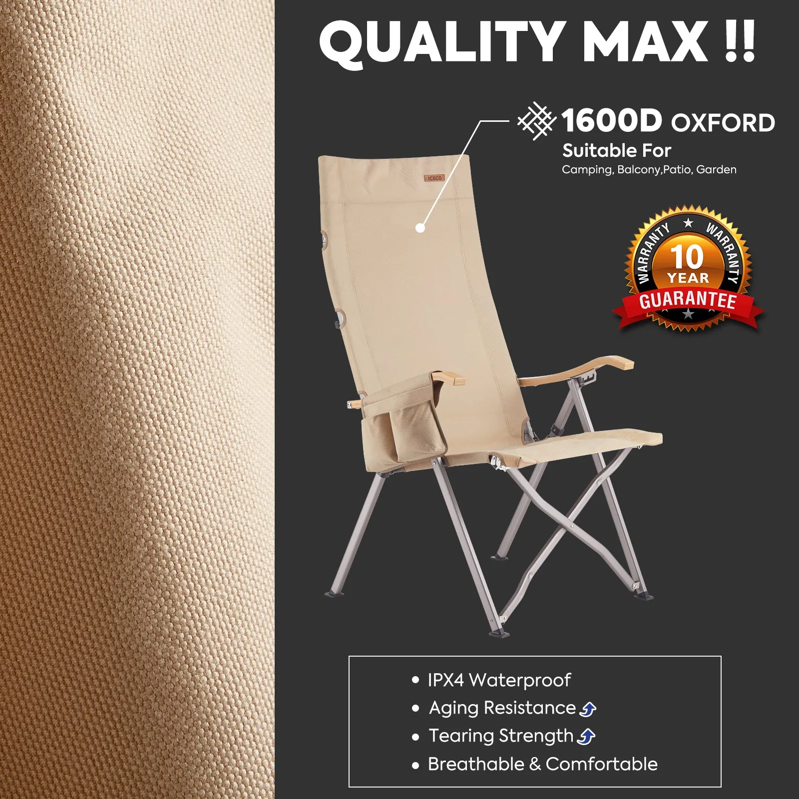 Ha1600 Adjustable Camping Chairs, High-Back Heavy Duty Folding Chair for Outside | ICECO