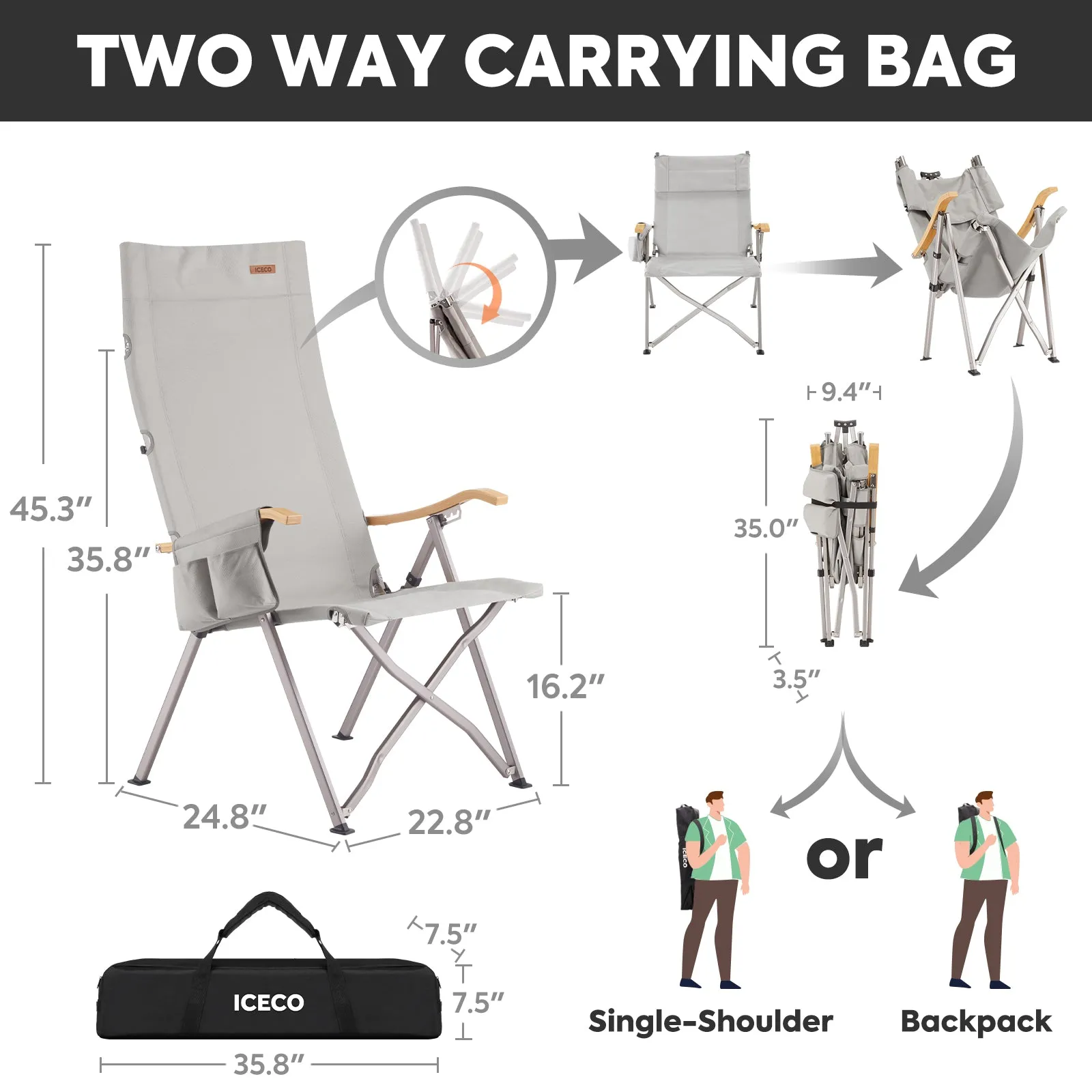 Ha1600 Adjustable Camping Chairs, High-Back Heavy Duty Folding Chair for Outside | ICECO