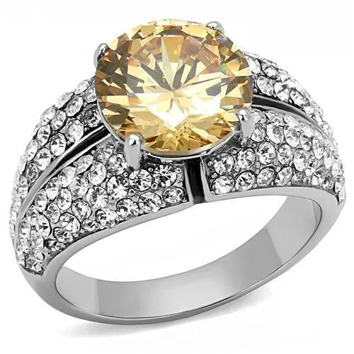 High polished (no plating) Stainless Steel Ring with AAA Grade CZ in Champagne for Women Style TK3031