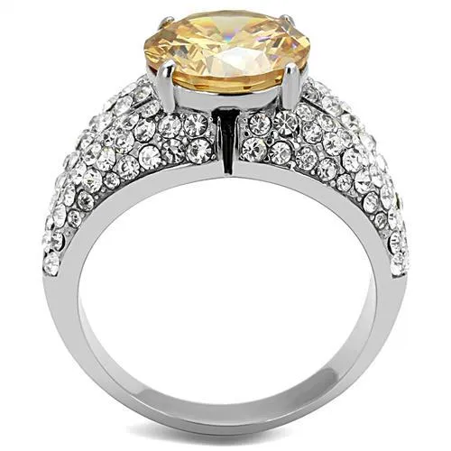 High polished (no plating) Stainless Steel Ring with AAA Grade CZ in Champagne for Women Style TK3031