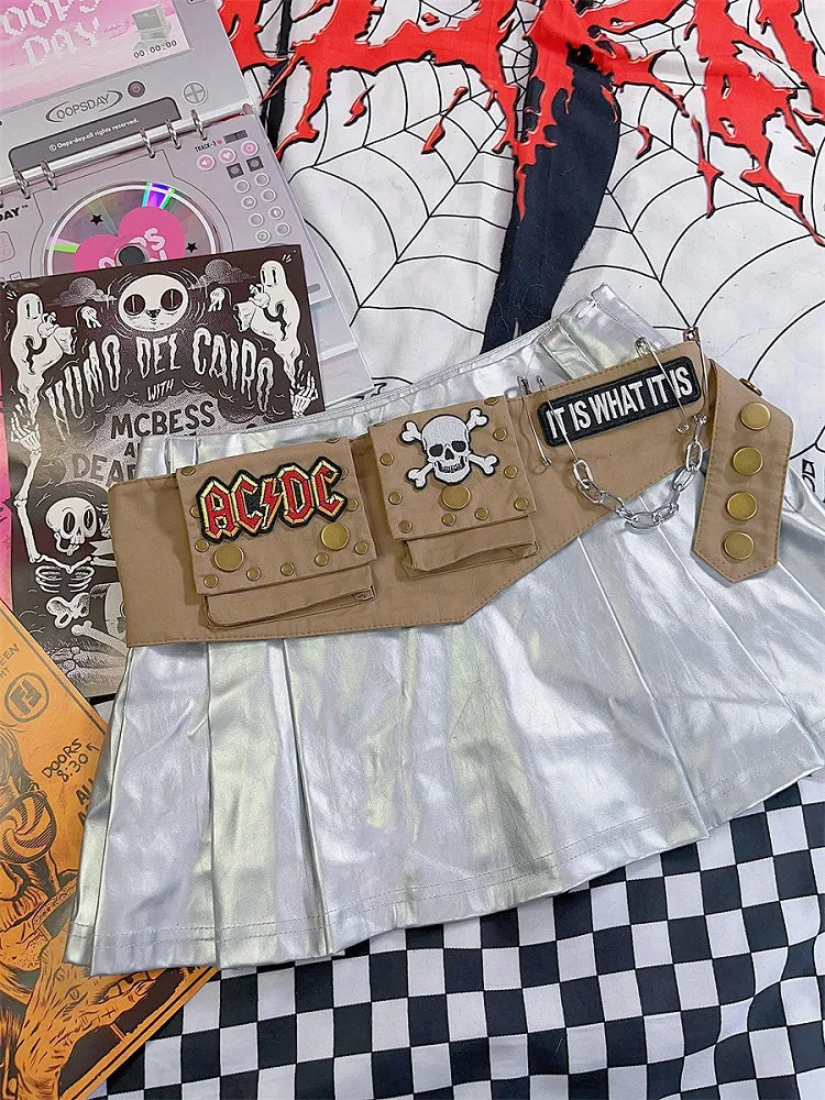Khaki Skeleton Applique Chain Punk Waist Bag