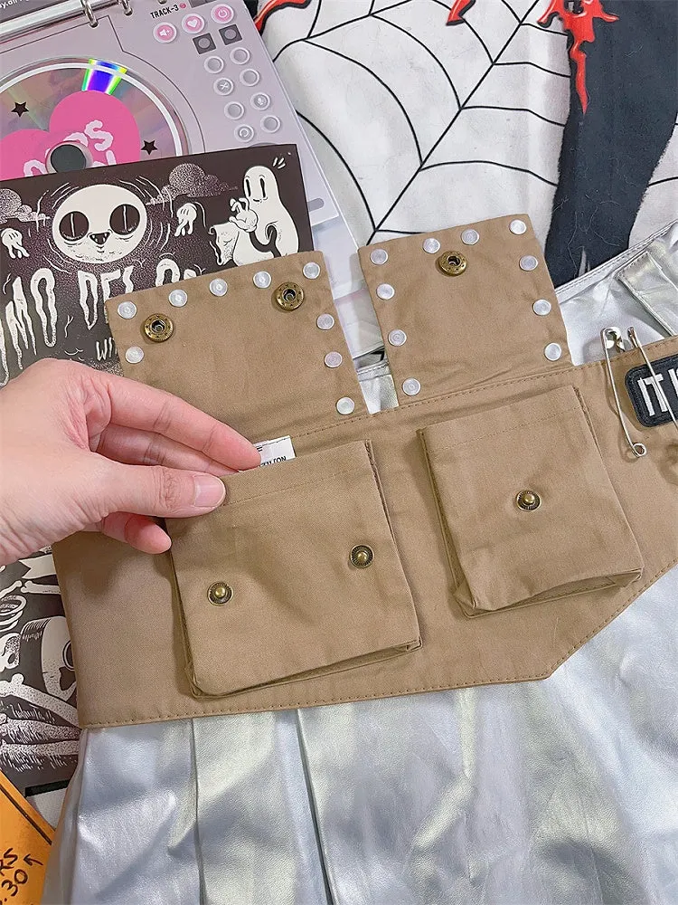 Khaki Skeleton Applique Chain Punk Waist Bag