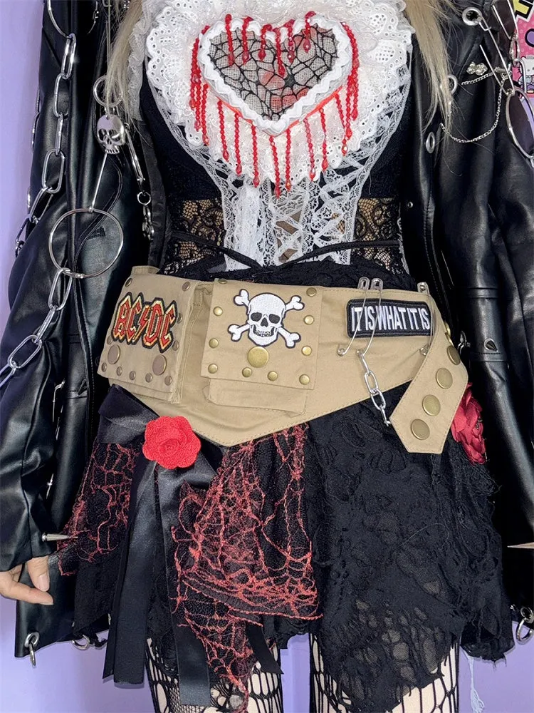 Khaki Skeleton Applique Chain Punk Waist Bag