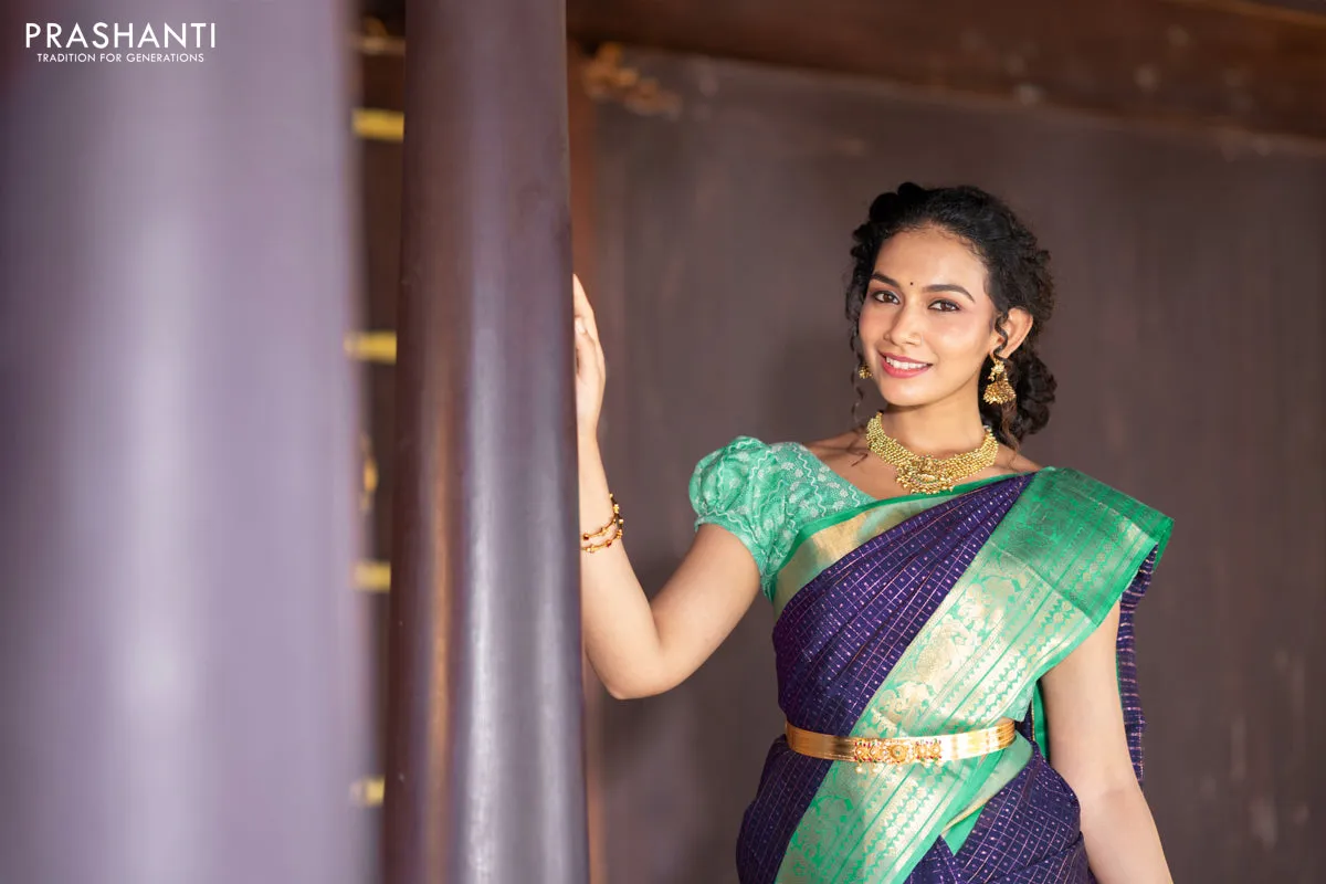 Kuppadam silk cotton saree blue and teal green with allover zari checks & buttas and temple woven elephant design zari border