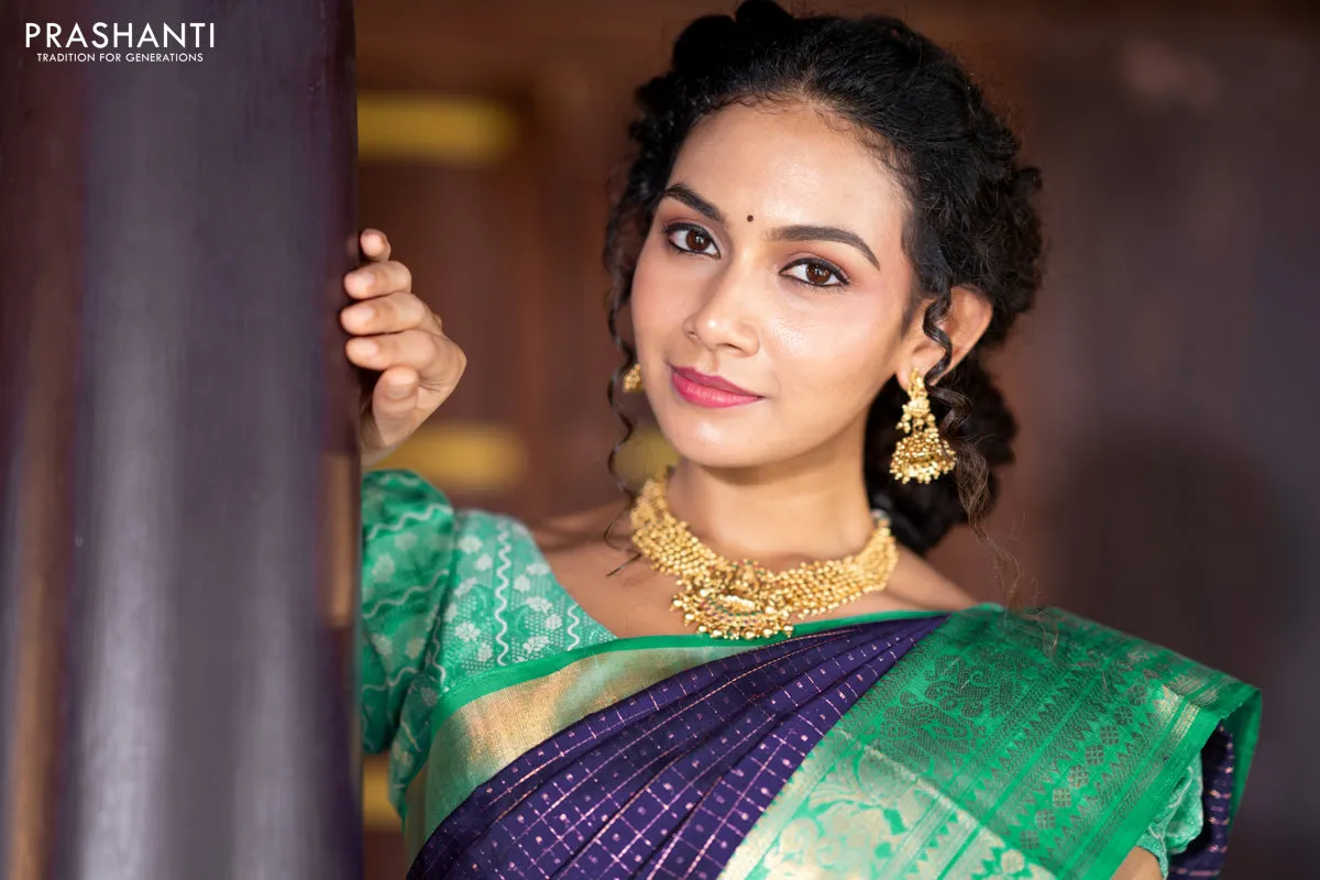 Kuppadam silk cotton saree blue and teal green with allover zari checks & buttas and temple woven elephant design zari border