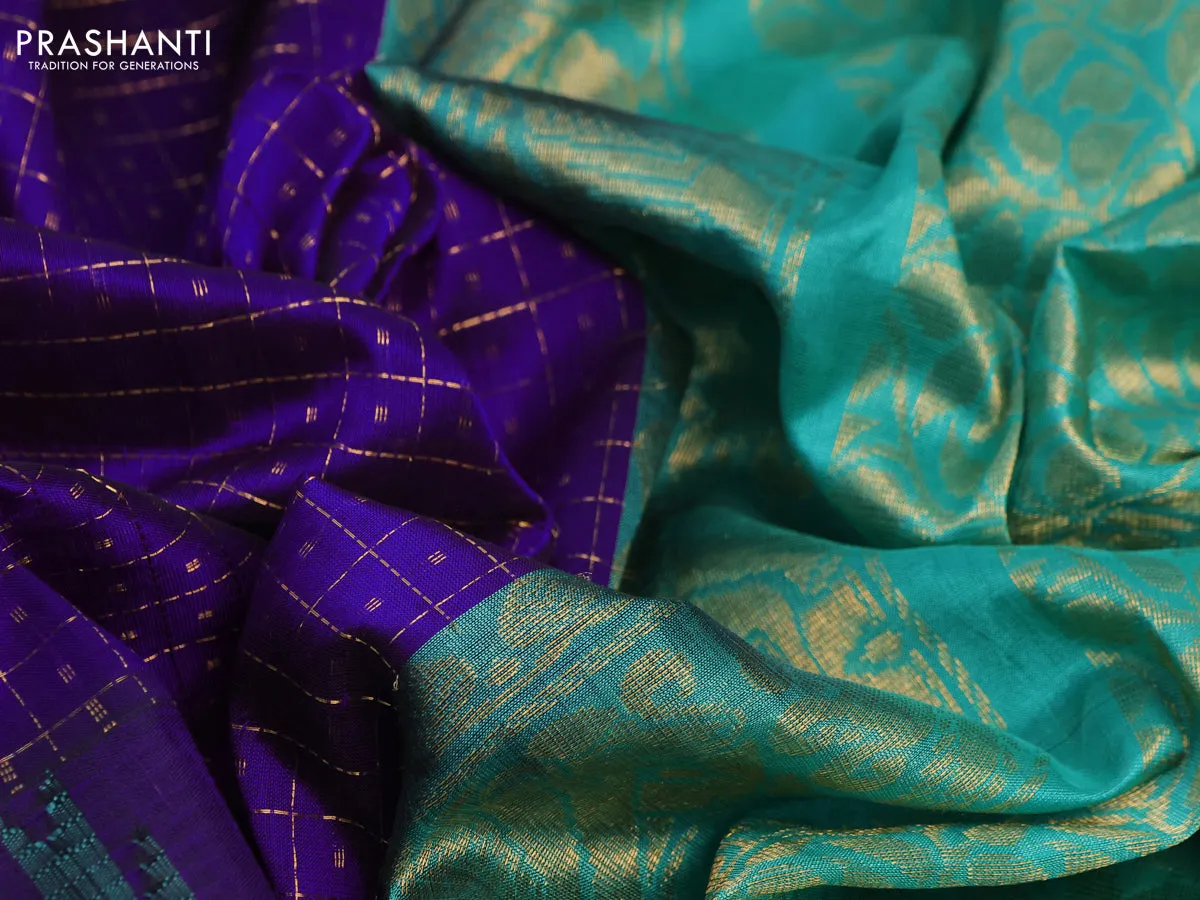 Kuppadam silk cotton saree blue and teal green with allover zari checks & buttas and temple woven elephant design zari border