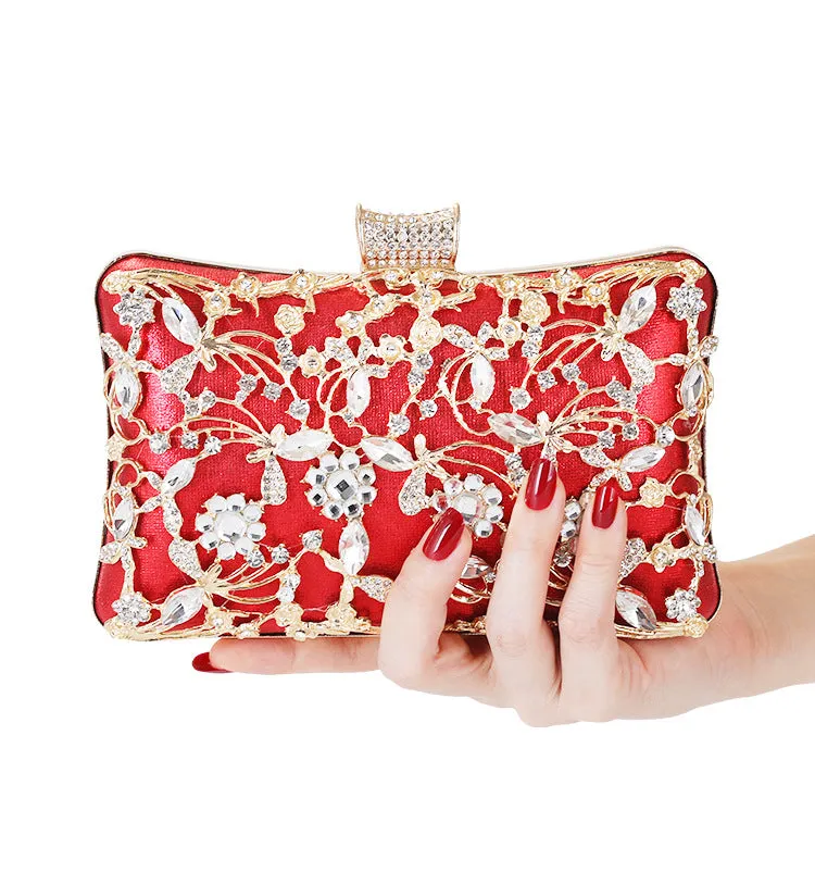 Ladies Evening Rhinestone Handbag Metallic Flower Clutch 1750