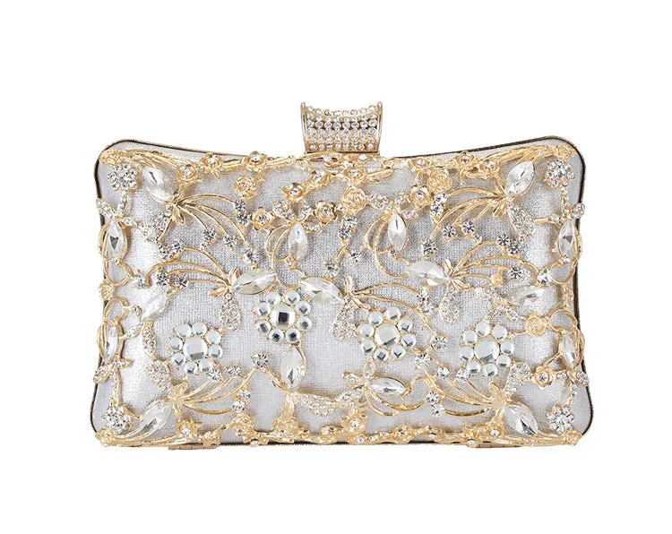 Ladies Evening Rhinestone Handbag Metallic Flower Clutch 1750