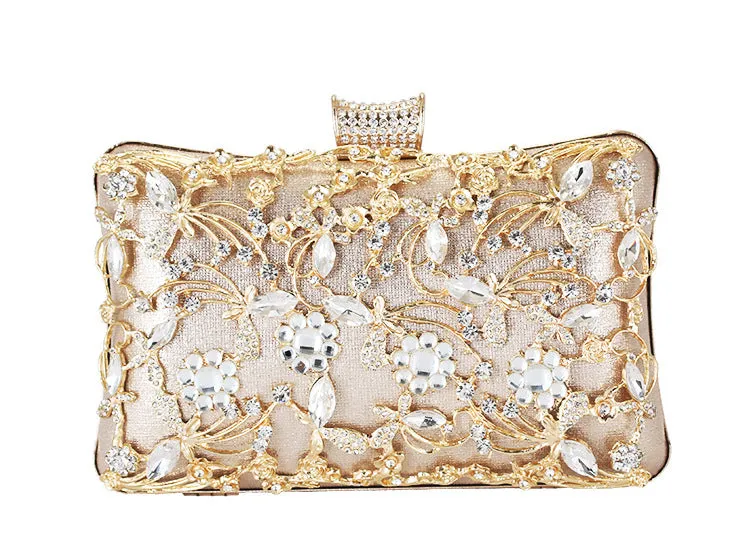 Ladies Evening Rhinestone Handbag Metallic Flower Clutch 1750