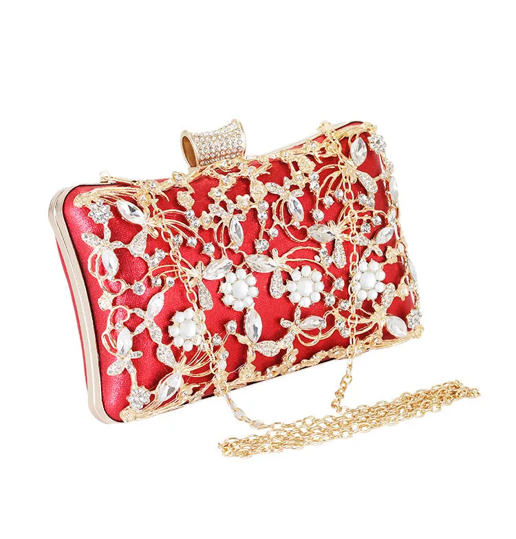 Ladies Evening Rhinestone Handbag Metallic Flower Clutch 1750