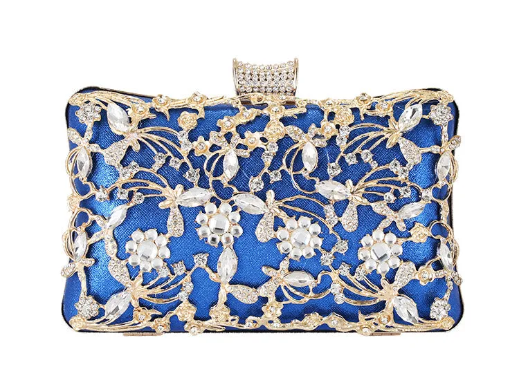 Ladies Evening Rhinestone Handbag Metallic Flower Clutch 1750