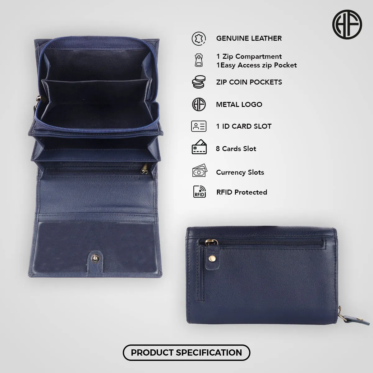 Ladies Leather Purse - RFID Protected, 8 Card Slots, 5 Compartments, Button Closure - For Daily Use