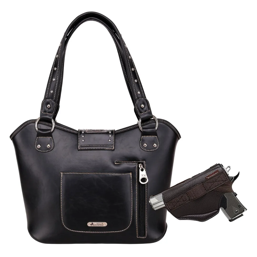 Montana West Concealed Carry Western Tooled Leather Purse and Wallet - Black