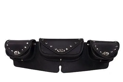 MOTORCYCLE LARGE TRIPLE POCKET STUDDED LEATHER WINDSHIELD BAG TWIST LOCK CLOSURE