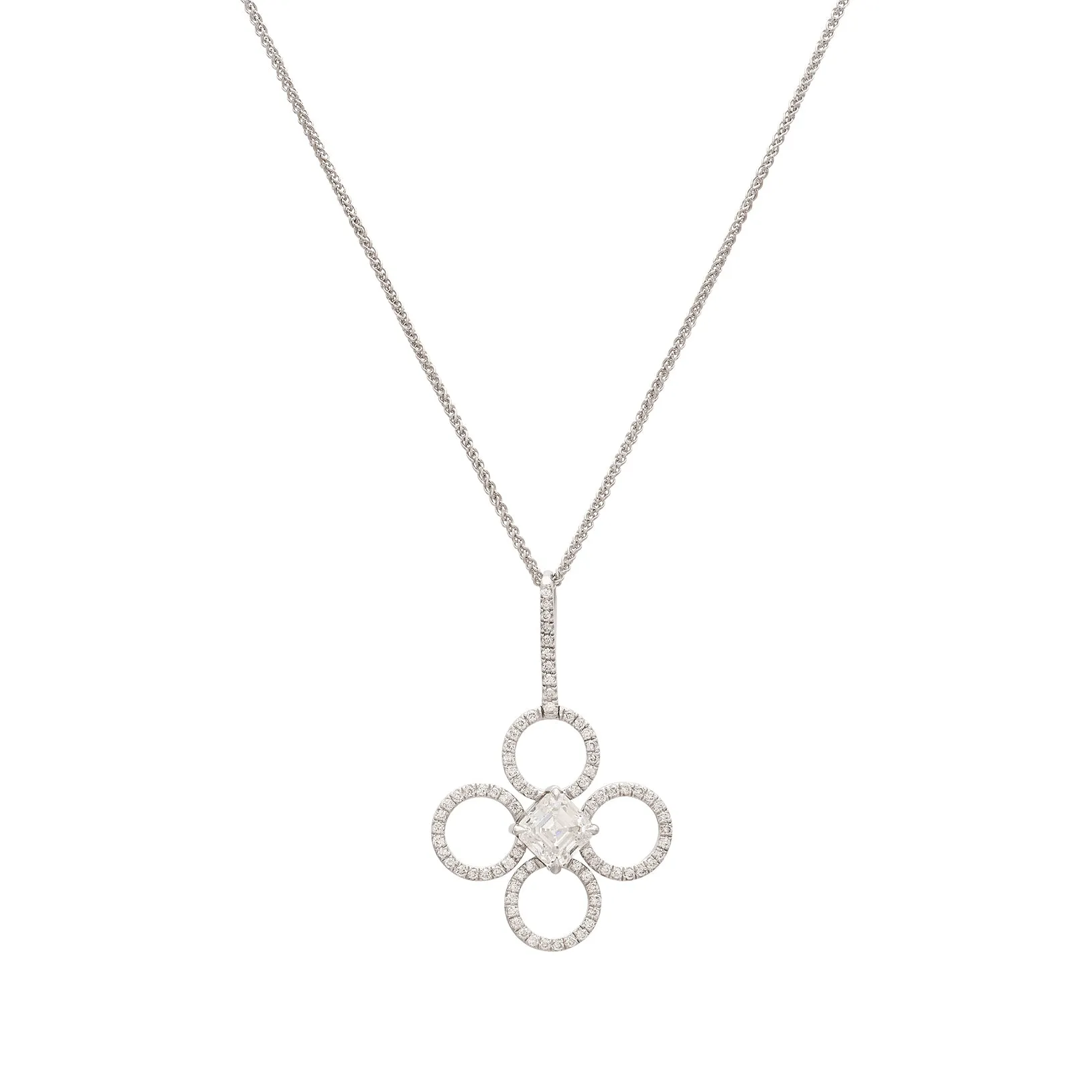Platinum Asscher Cut Diamond Clover Pendant by Daniel K.