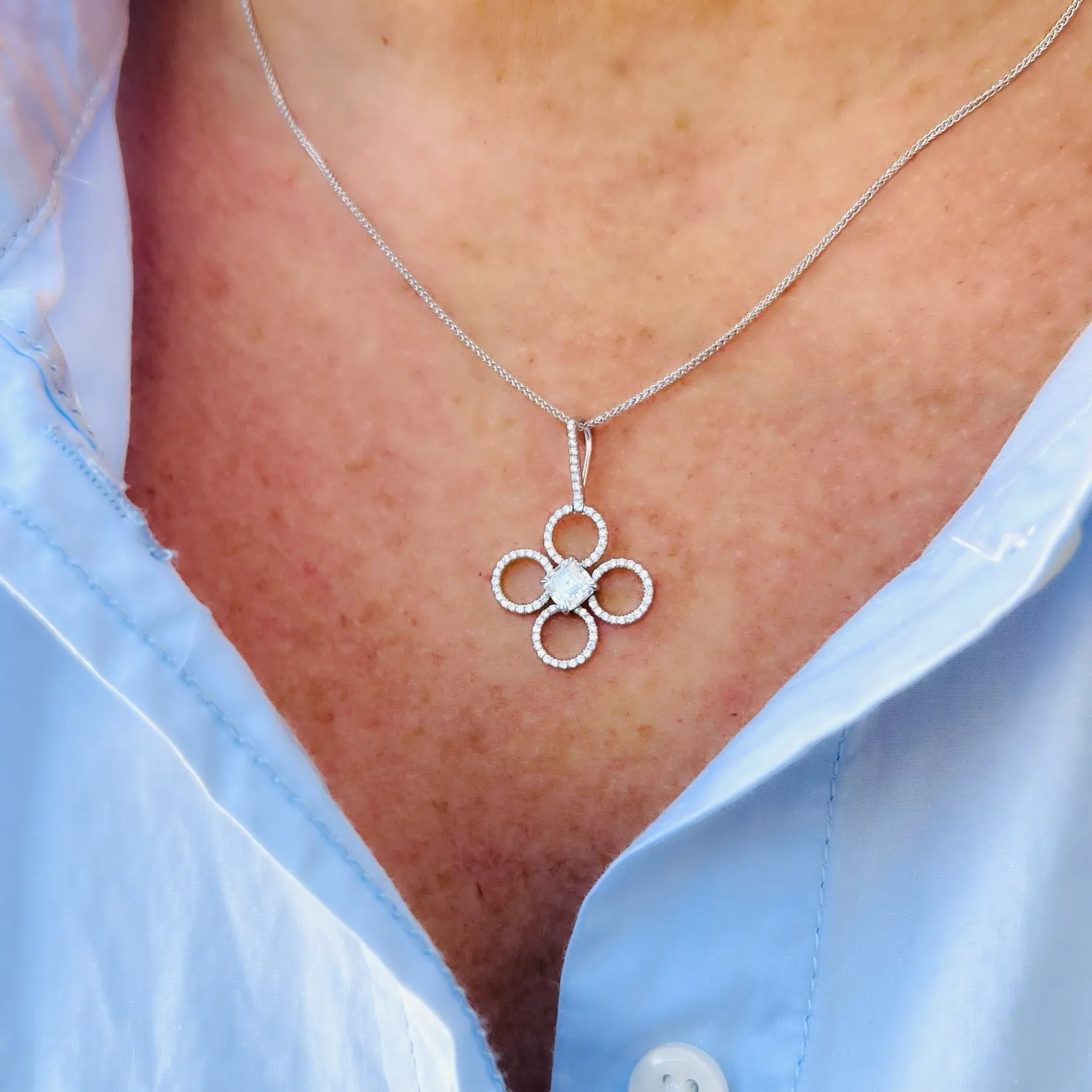 Platinum Asscher Cut Diamond Clover Pendant by Daniel K.