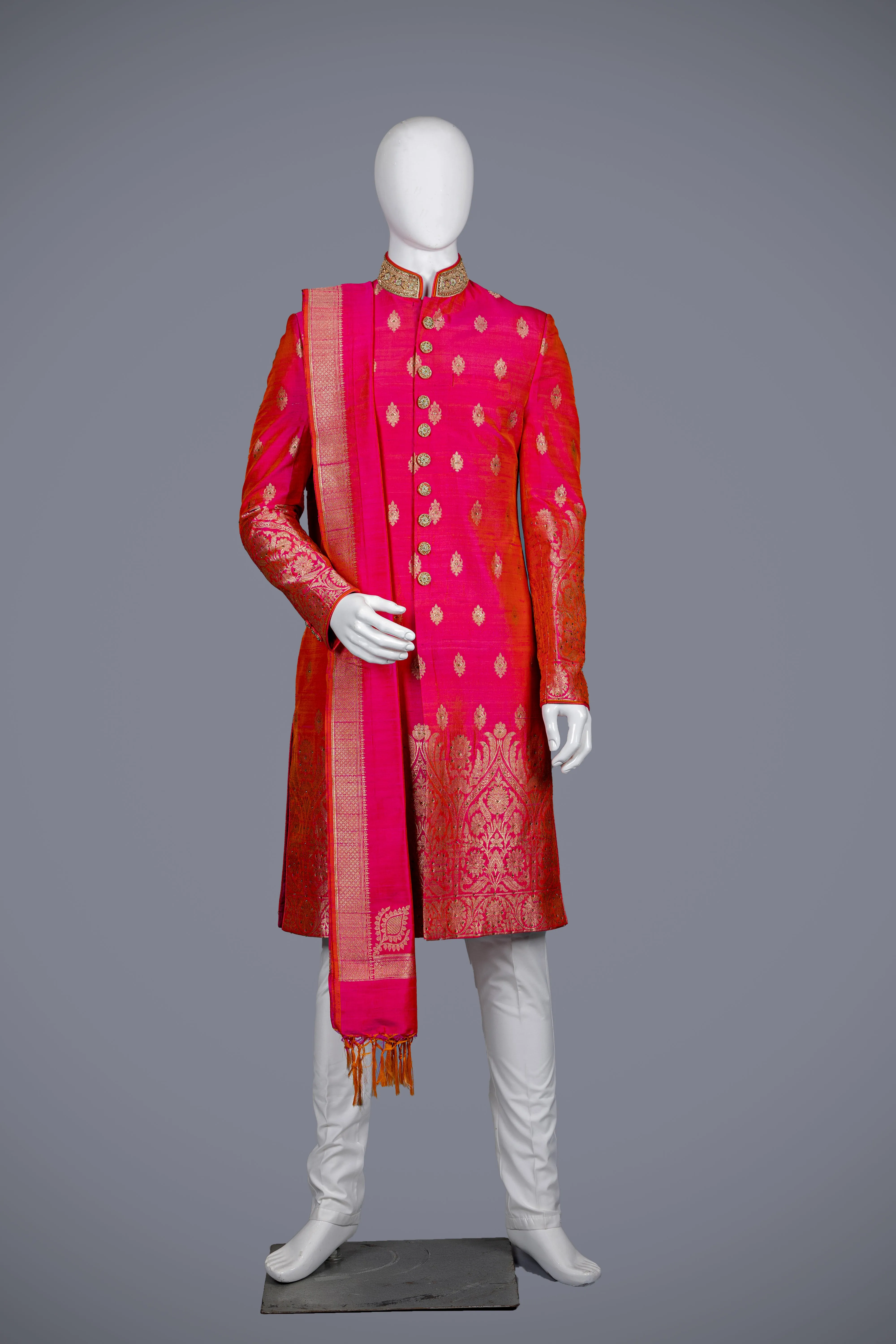Rani Coloured Sherwani with Butta Work And Dupatta