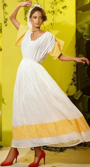 Ravishing Yellow Ethiopian Traditional Dress: Simple Eritrean Clothing for Any Cultural Celebrations Habesha Dress