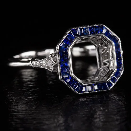 SAPPHIRE DIAMOND RADIANT ASSCHER CUT SETTING ENGAGEMENT RING SEMI-MOUNT VINTAGE