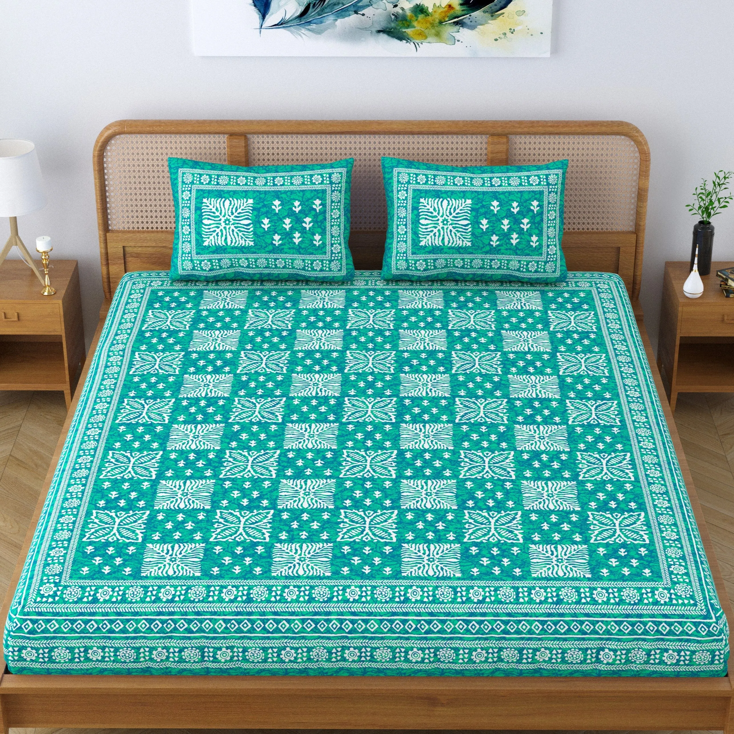 SheetKart Cotton Traditional Floral Jaipuri Printed Double Bedsheet King Size with 2 Pillow Covers - Sea Green