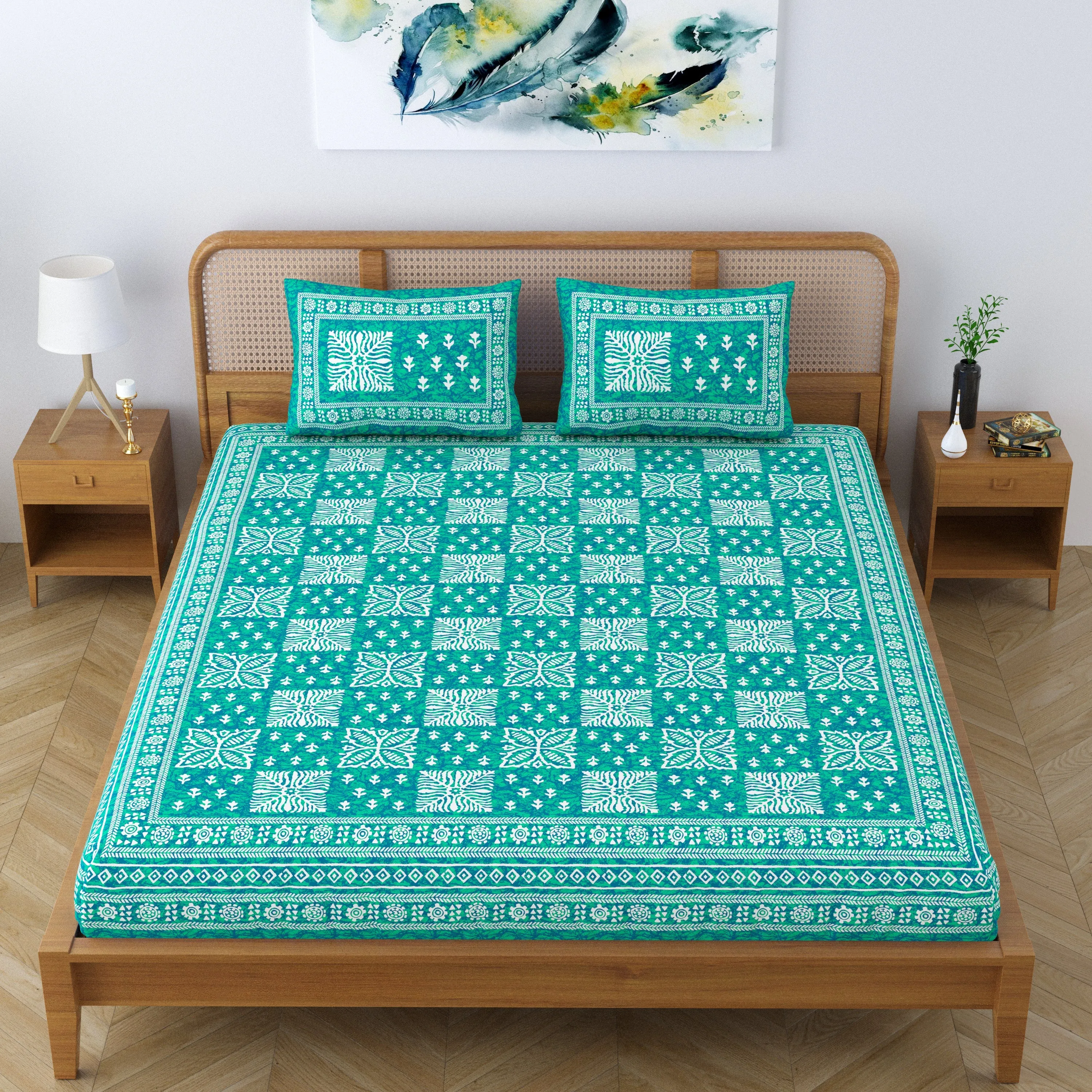 SheetKart Cotton Traditional Floral Jaipuri Printed Double Bedsheet King Size with 2 Pillow Covers - Sea Green