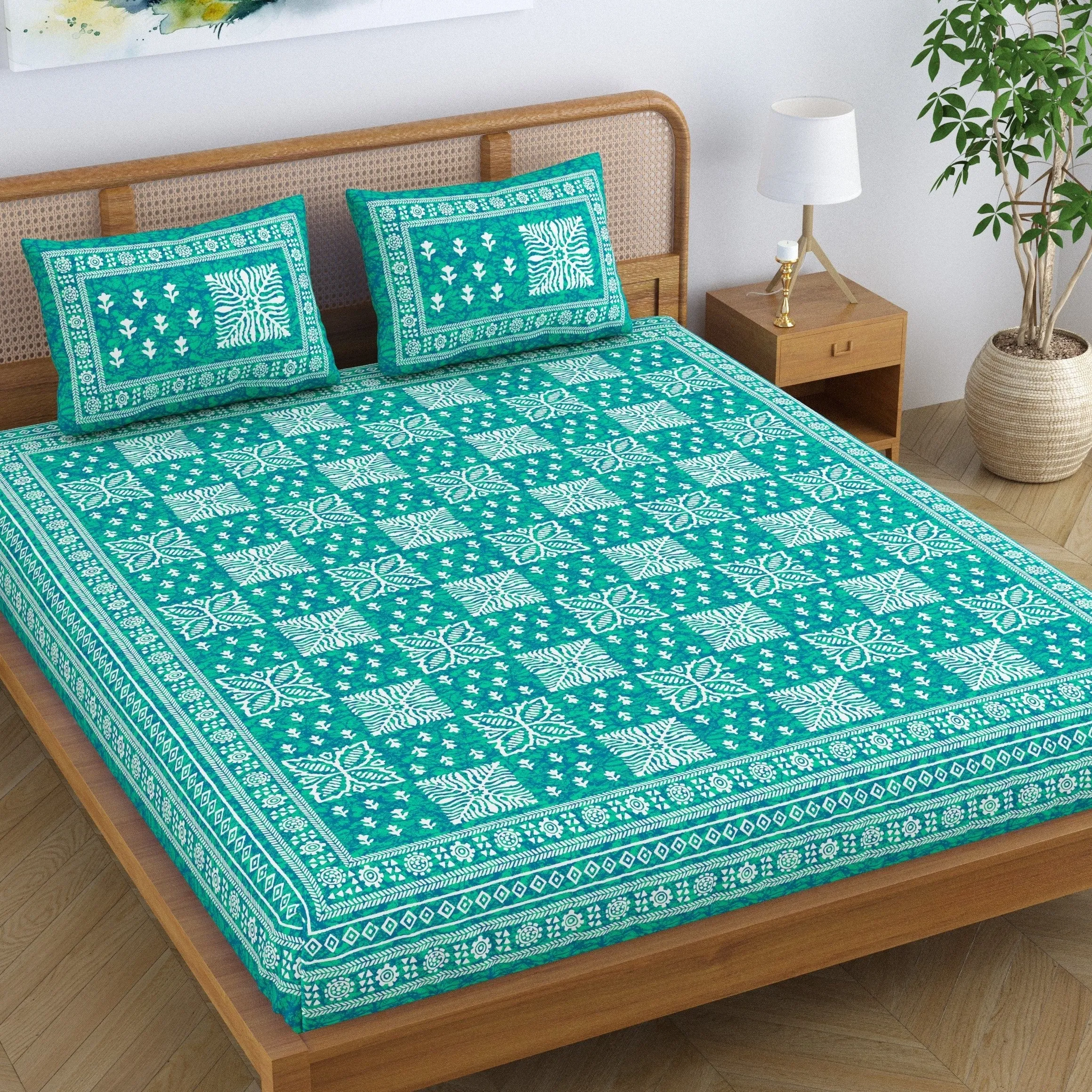 SheetKart Cotton Traditional Floral Jaipuri Printed Double Bedsheet King Size with 2 Pillow Covers - Sea Green