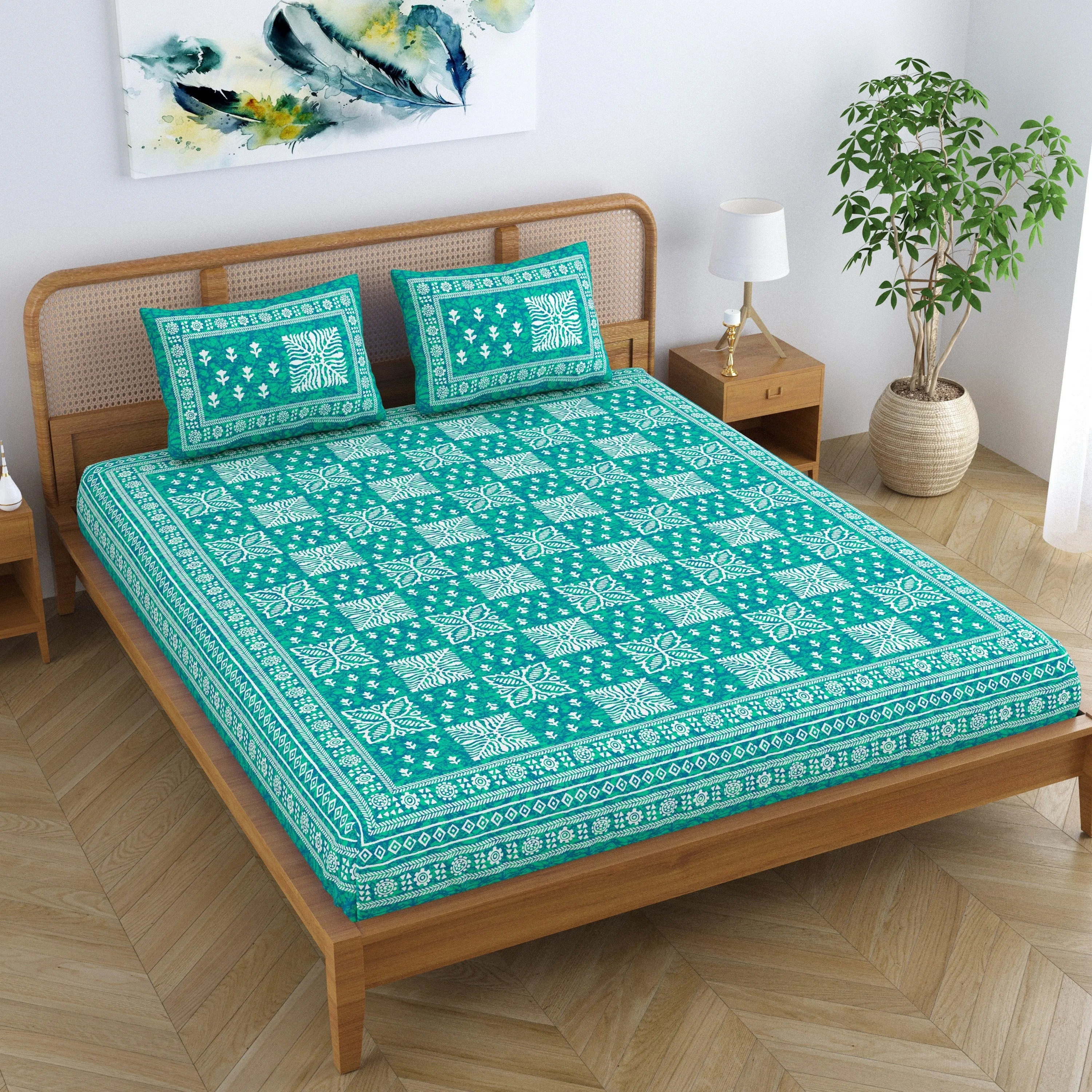 SheetKart Cotton Traditional Floral Jaipuri Printed Double Bedsheet King Size with 2 Pillow Covers - Sea Green
