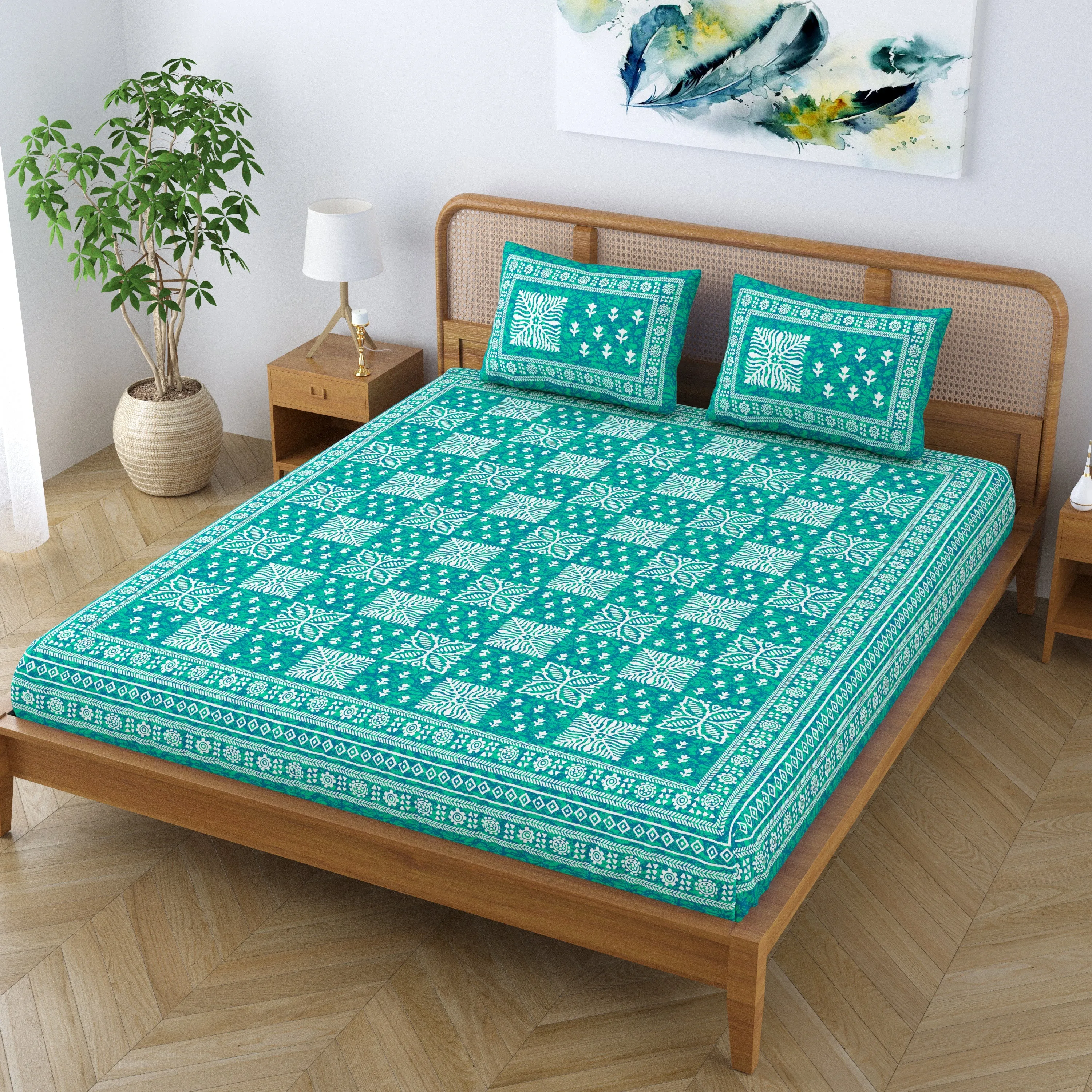 SheetKart Cotton Traditional Floral Jaipuri Printed Double Bedsheet King Size with 2 Pillow Covers - Sea Green
