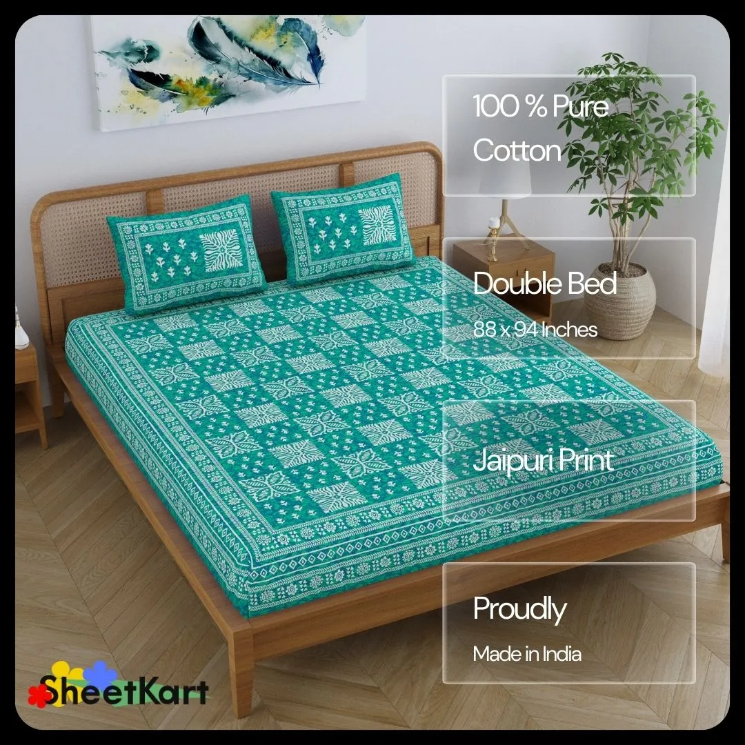 SheetKart Cotton Traditional Floral Jaipuri Printed Double Bedsheet King Size with 2 Pillow Covers - Sea Green