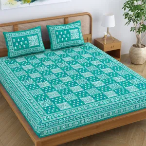 SheetKart Cotton Traditional Floral Jaipuri Printed Double Bedsheet King Size with 2 Pillow Covers - Sea Green