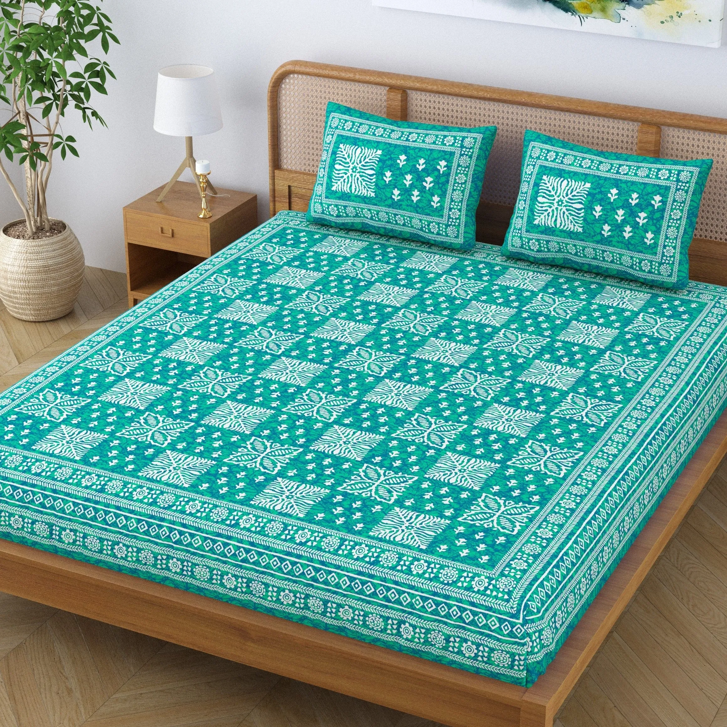 SheetKart Cotton Traditional Floral Jaipuri Printed Double Bedsheet King Size with 2 Pillow Covers - Sea Green