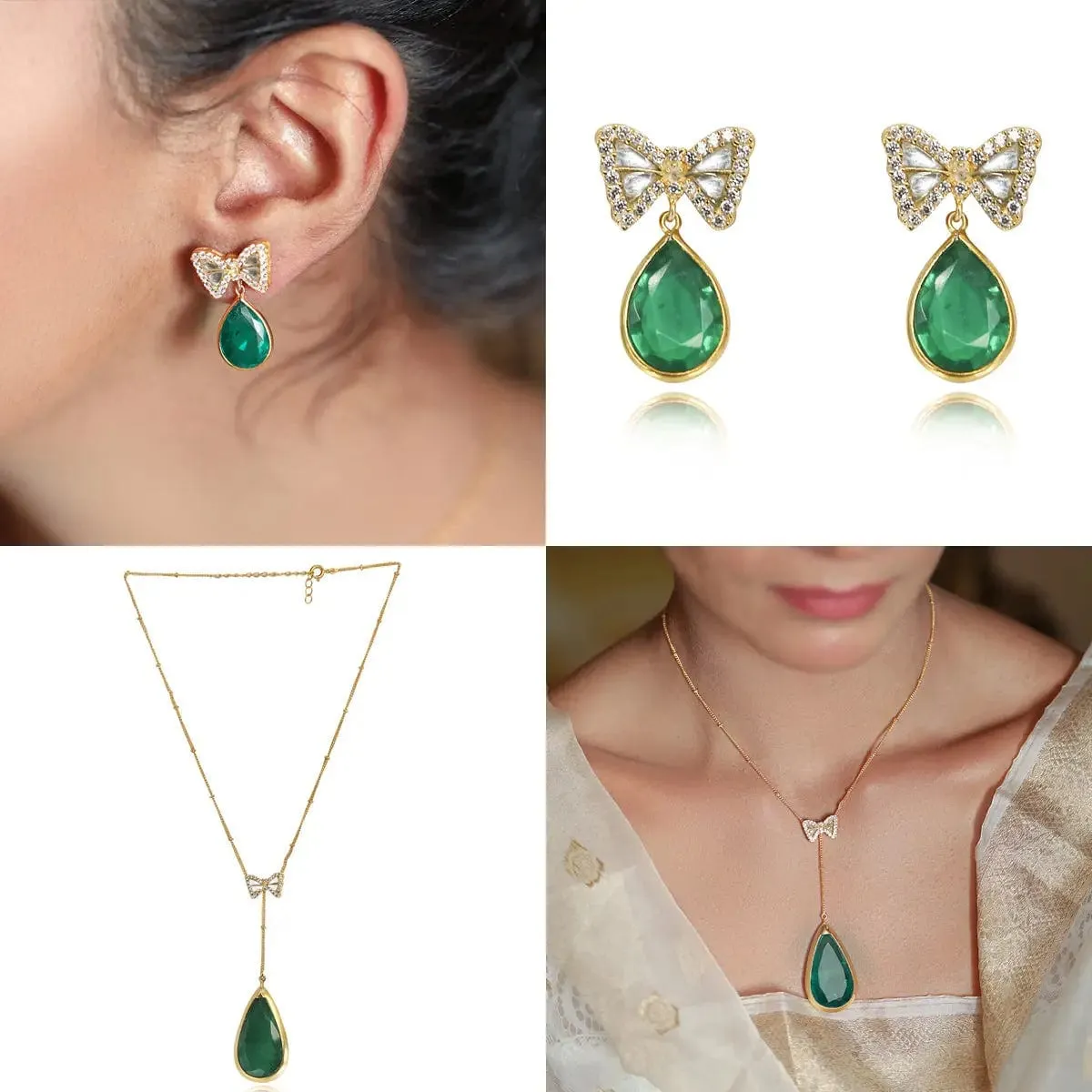 Silver Green Bow Earring