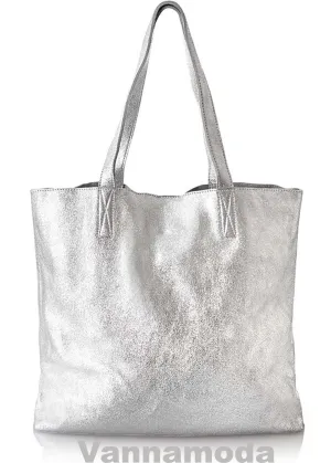 Silver Metallic Women Classic Leather Tote Bag