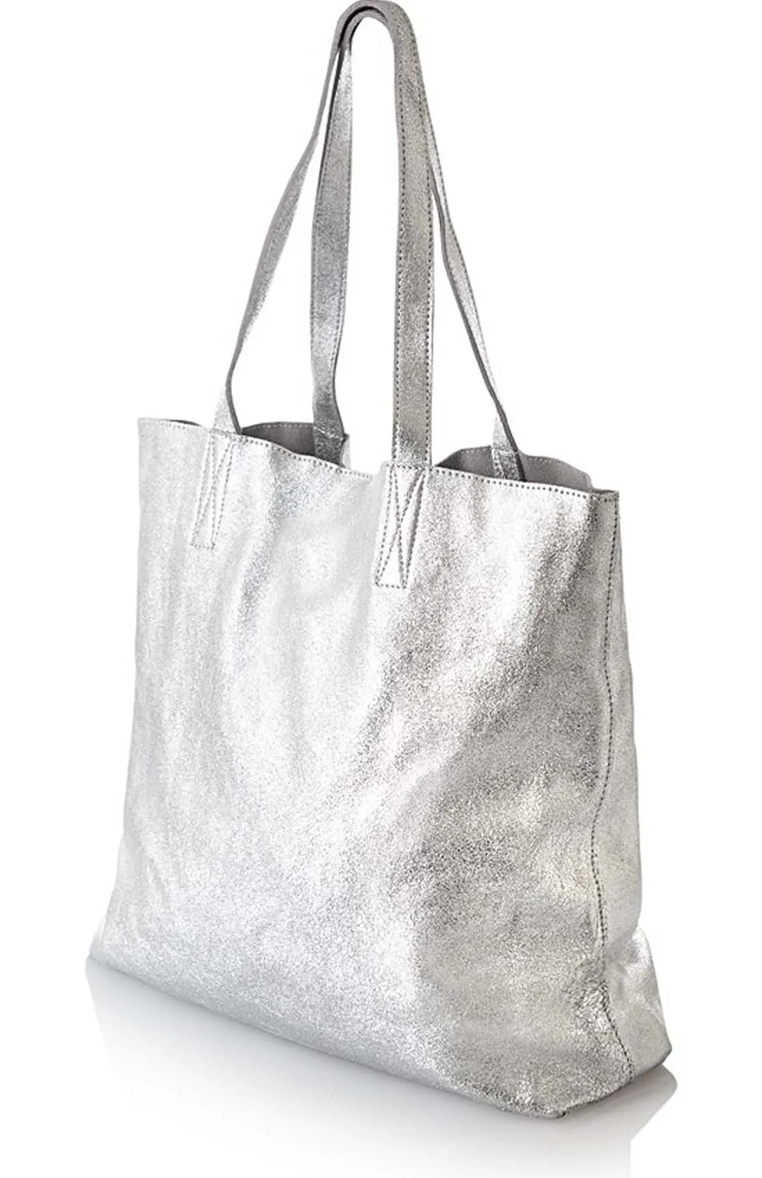 Silver Metallic Women Classic Leather Tote Bag