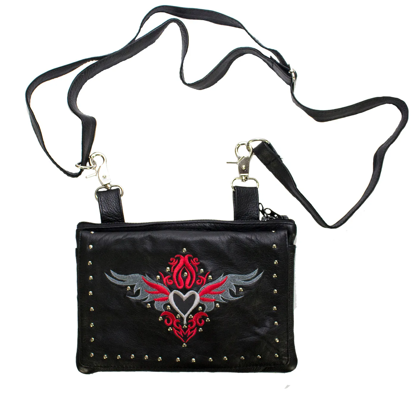 Studded Naked Cowhide Leather Gun Holster Belt Bag with Red & Silver Heart
