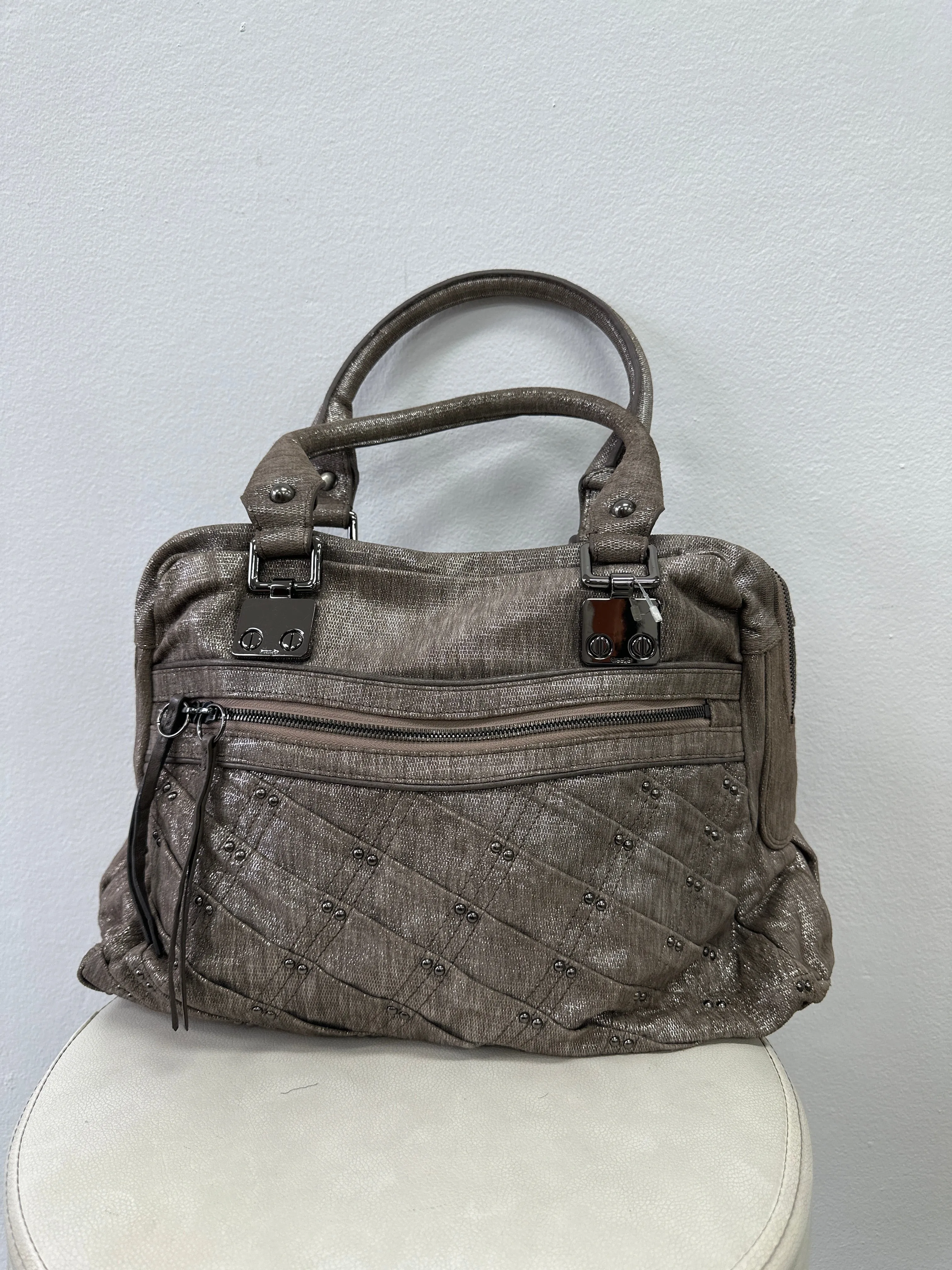 Taupe Leather Studded Reveal Satchel
