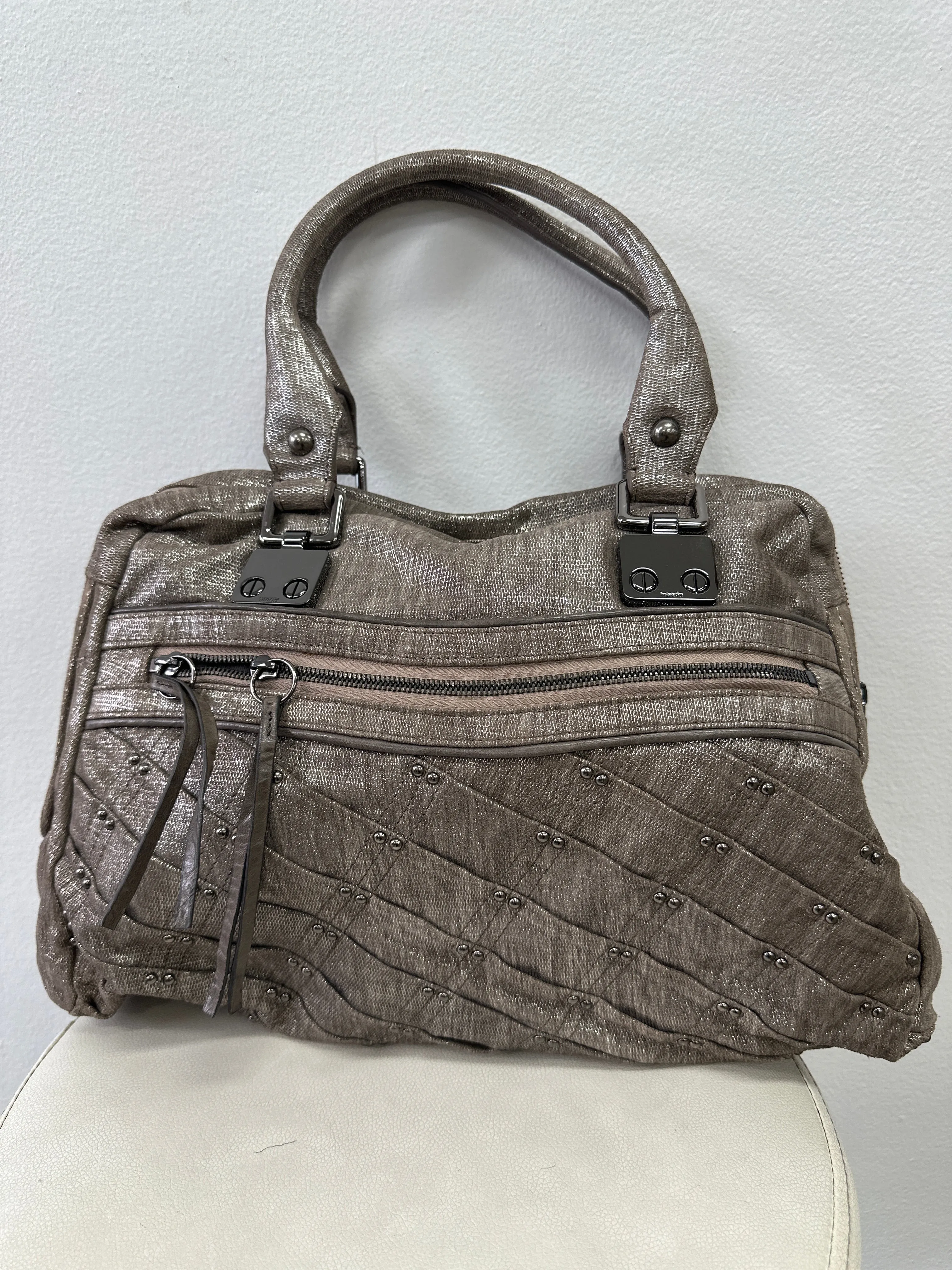 Taupe Leather Studded Reveal Satchel