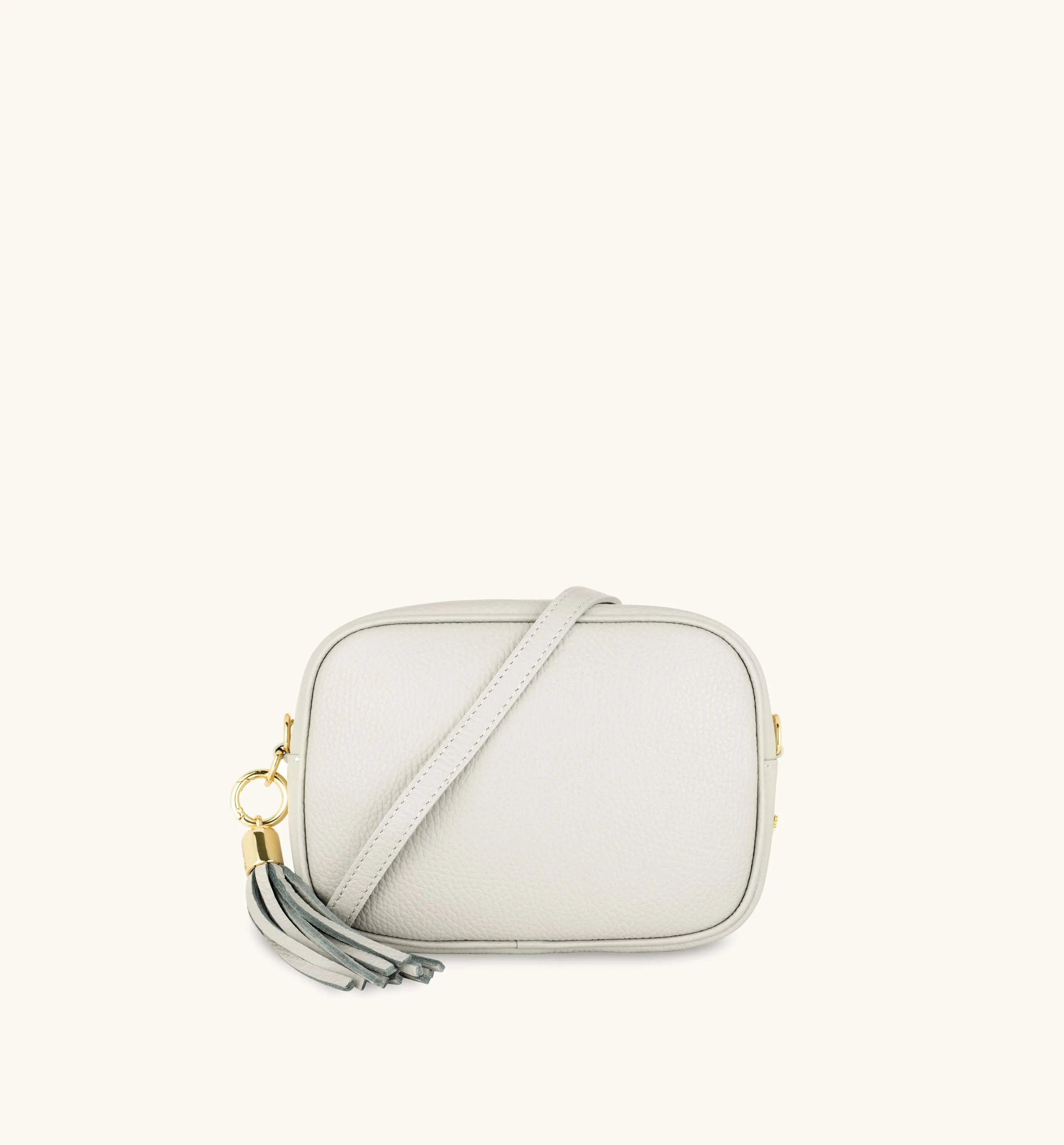 The Tassel Light Grey Leather Crossbody Bag With Orange Cross-Stitch Strap