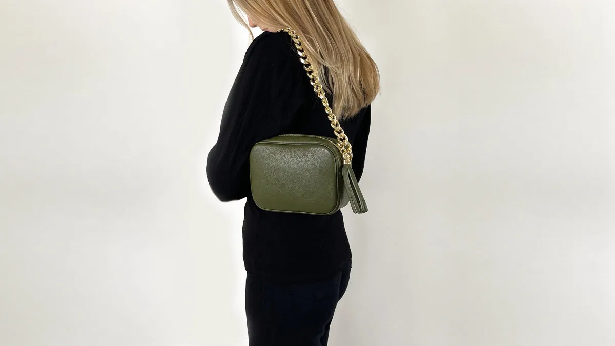 The Tassel Olive Green Leather Crossbody Bag With Gold Chain Strap