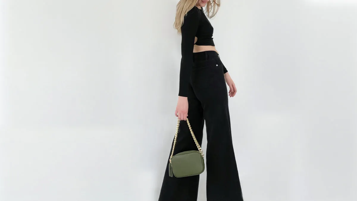 The Tassel Olive Green Leather Crossbody Bag With Gold Chain Strap