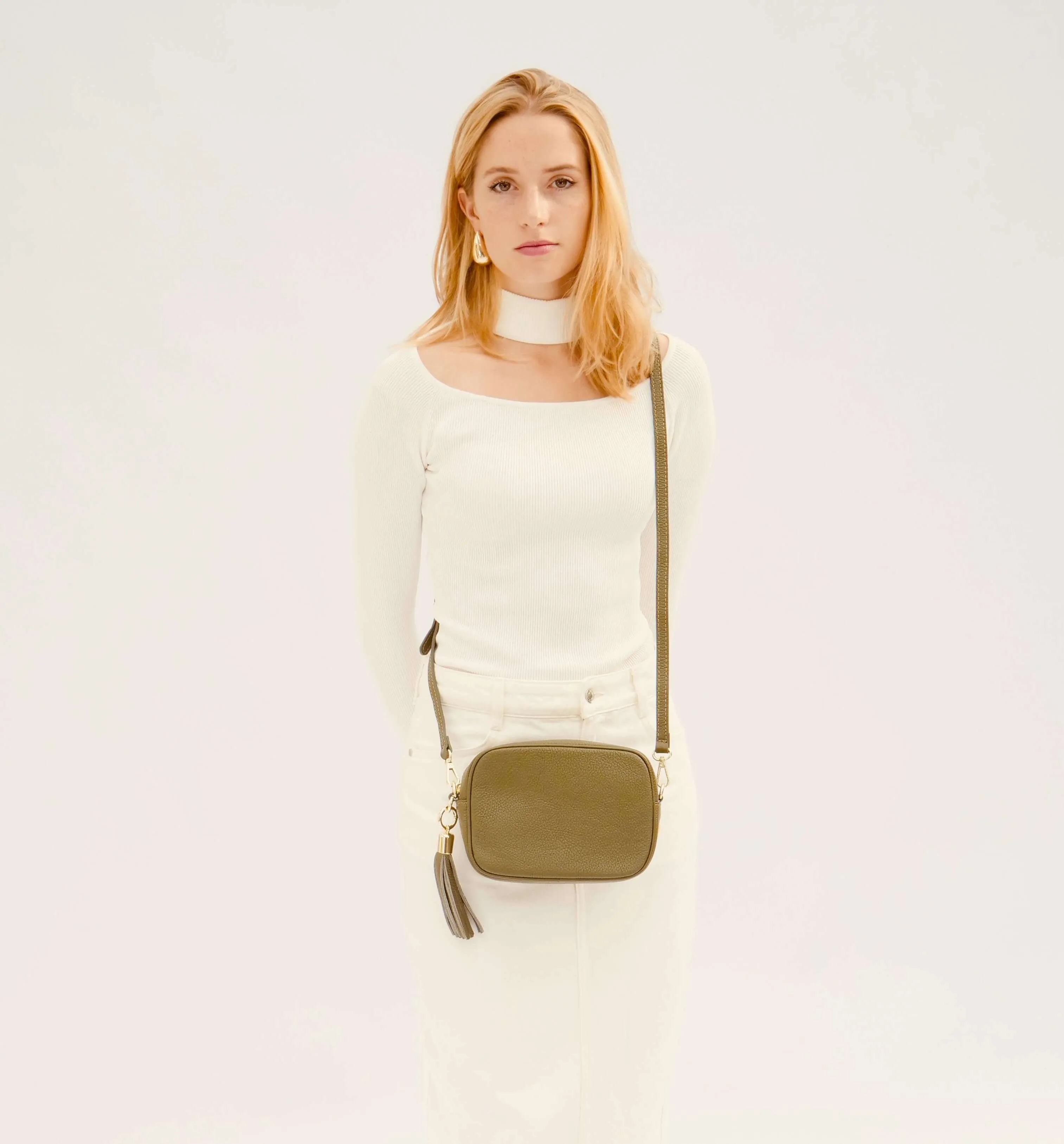 The Tassel Olive Green Leather Crossbody Bag With Gold Chain Strap