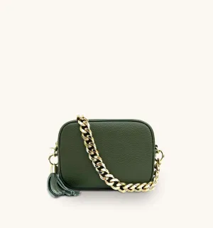 The Tassel Olive Green Leather Crossbody Bag With Gold Chain Strap