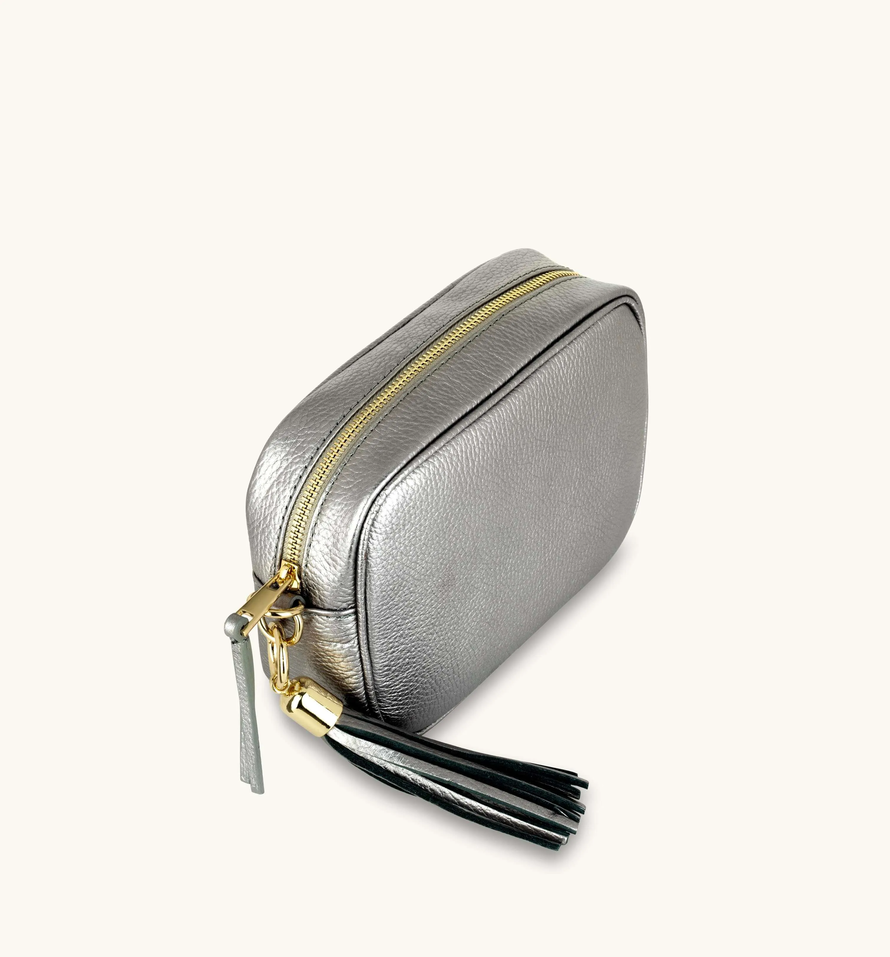 The Tassel Pewter Leather Crossbody Bag With Black & Silver Chevron Strap