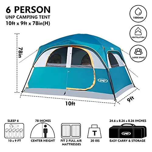 UNP Tents for Camping 6 Person Waterproof Windproof Easy Setup