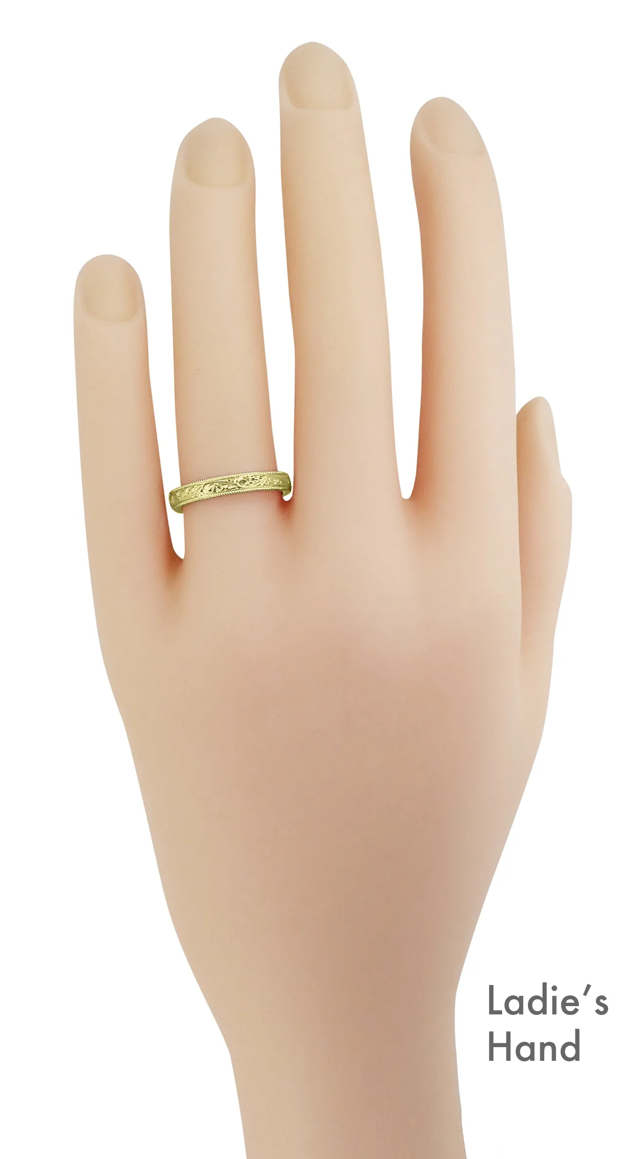 Victorian Yellow Gold Acanthus Scrolls Carved Antique Style Wedding Band - 3mm Wide