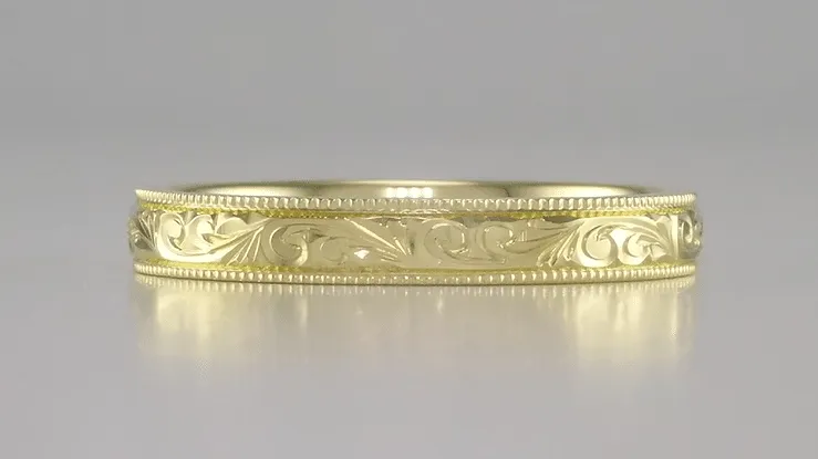 Victorian Yellow Gold Acanthus Scrolls Carved Antique Style Wedding Band - 3mm Wide