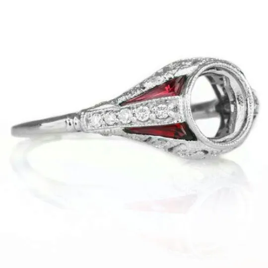 VINTAGE STYLE DIAMOND RUBY 6mm ART DECO MOUNT ENGAGEMENT RING SETTING ROUND 14K