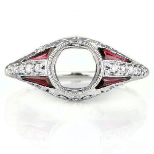 VINTAGE STYLE DIAMOND RUBY 6mm ART DECO MOUNT ENGAGEMENT RING SETTING ROUND 14K