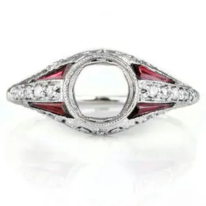 VINTAGE STYLE DIAMOND RUBY 6mm ART DECO MOUNT ENGAGEMENT RING SETTING ROUND 14K