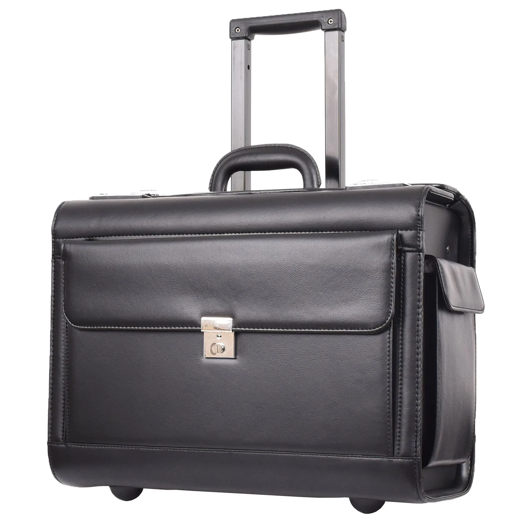Wheeled Faux Leather Pilot Case Flight Carry on Cabin Bag HOL691 Black